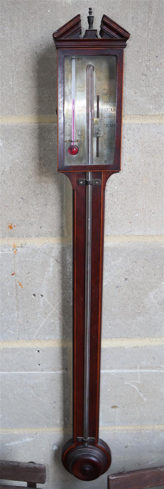 A George III mahogany stick barometer by P. Poschal, Bedford, width 13cm, length approx. 97cm